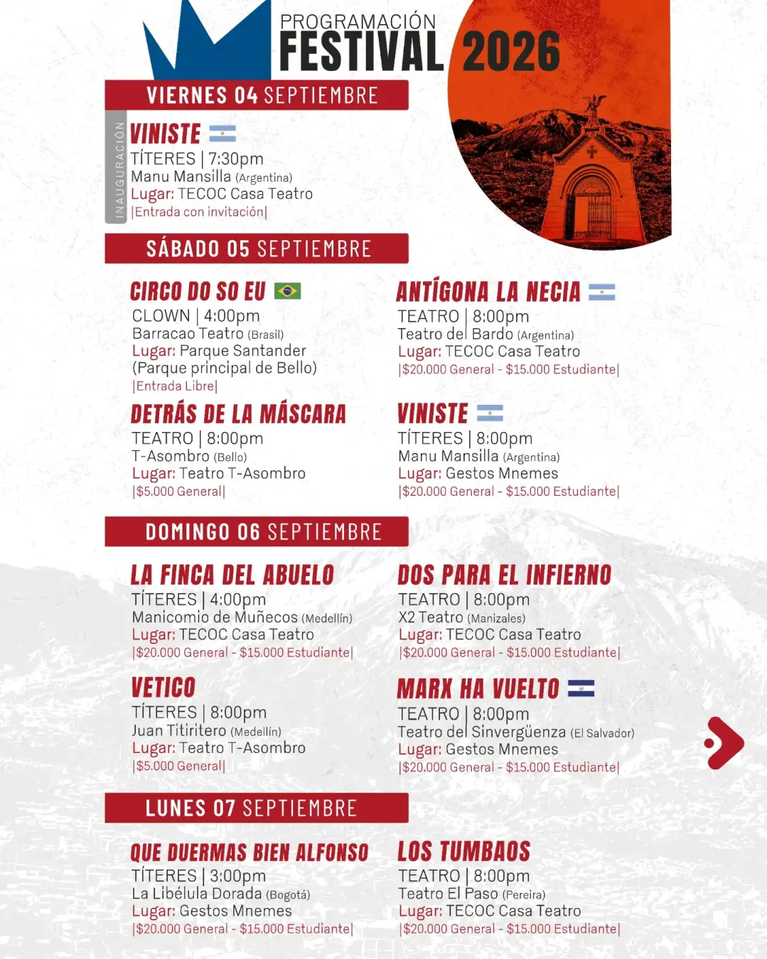 Programación 20° Festival Internacional El Teatro se Toma a Bello 2026