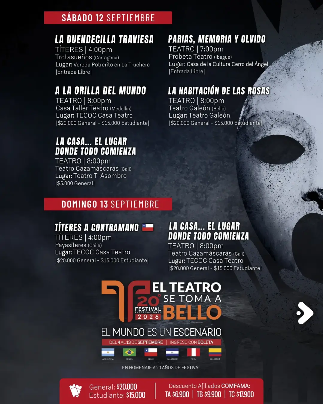 Programación 20° Festival Internacional El Teatro se Toma a Bello 2026
